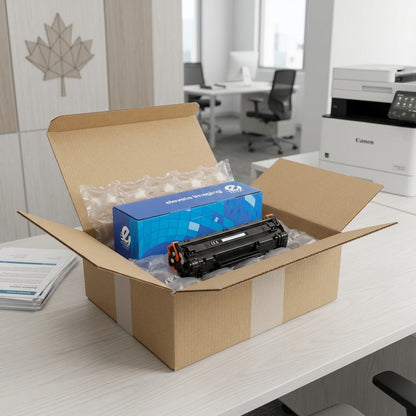A black HP 64X CE264X toner cartridge and its box inside a shipping box with air-cushioning.