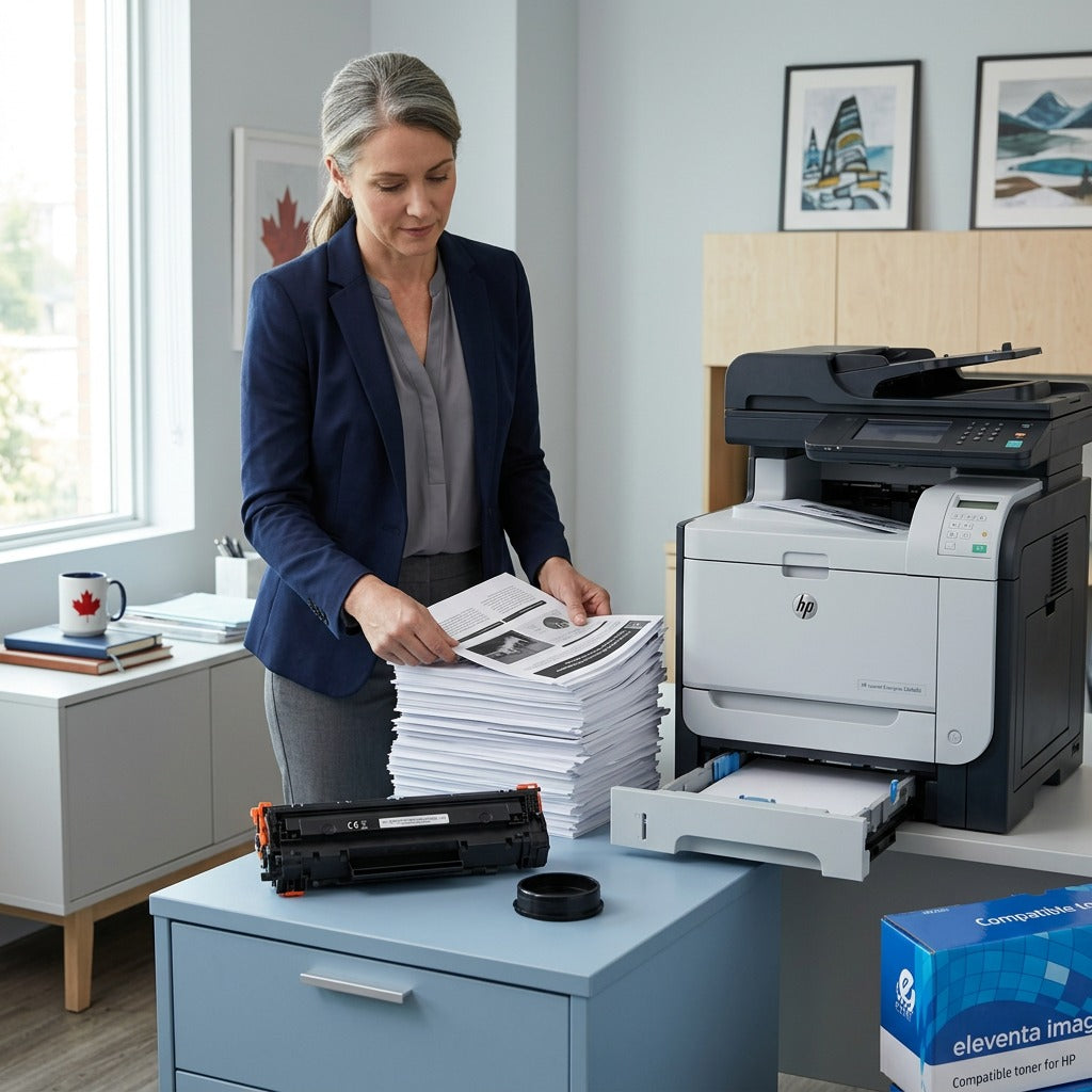 A professional organizing a stack of reports from an HP LaserJet printer in a bright office.