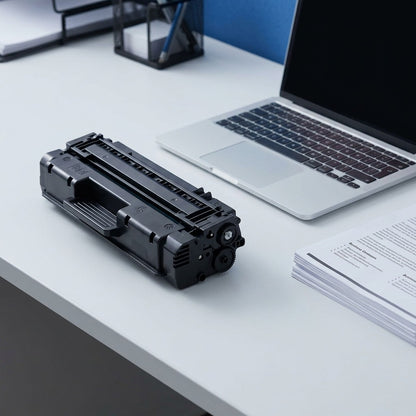 An HP 78A (CE278A) black toner cartridge on a desk next to a laptop and papers for size reference.