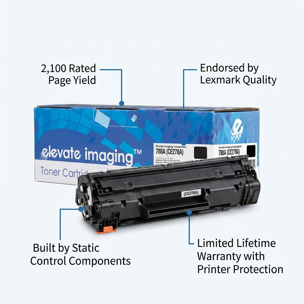 Elevate Imaging CE278A toner cartridge with callouts for 2,100 page yield and Lexmark endorsement.