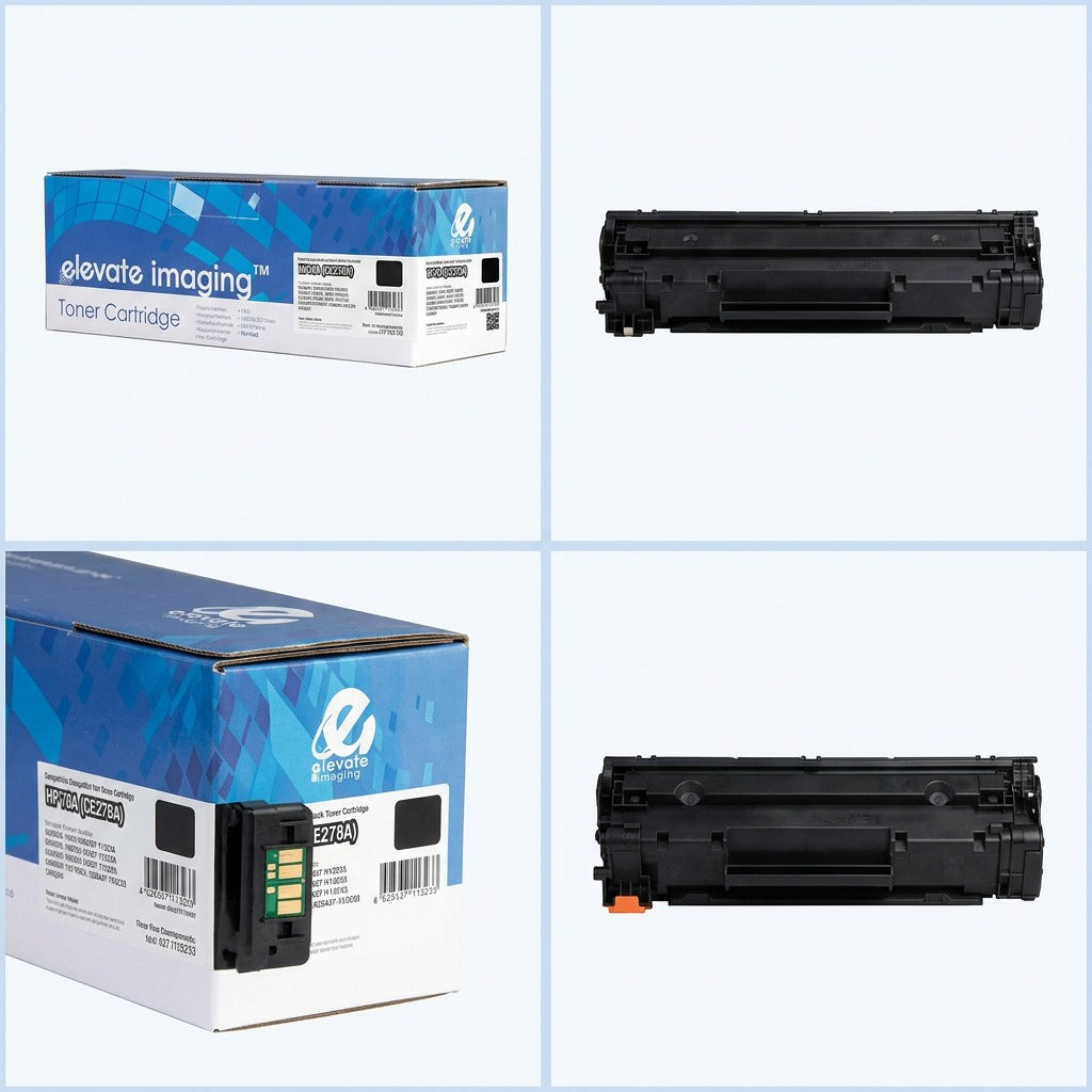 Four-view grid of Elevate Imaging HP 78A (CE278A) black toner cartridge and retail packaging box.