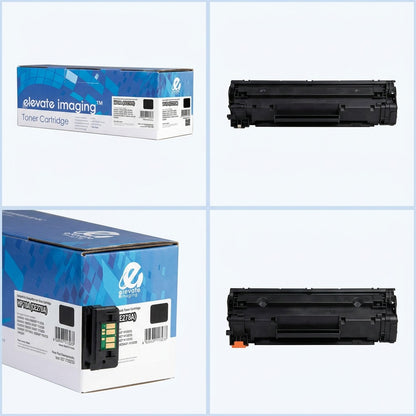 Four-view grid of Elevate Imaging HP 78A (CE278A) black toner cartridge and retail packaging box.