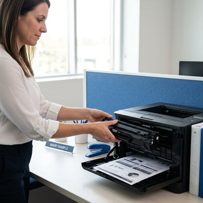 Professional in an office setting installing an HP 78A compatible black toner cartridge into a LaserJet printer.