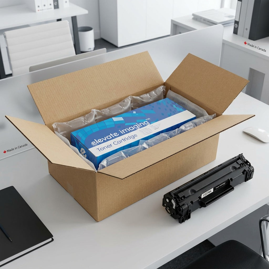 Elevate Imaging HP 78A (CE278A) black toner in secure shipping box with air pillow protection.