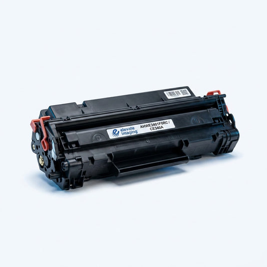 Elevate Imaging remanufactured HP 651A (CE340A) black toner cartridge on a professional background.