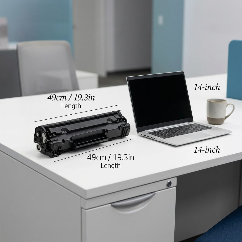 HP 651A (CE340A) black toner cartridge on a desk next to a 14-inch laptop for a size comparison.