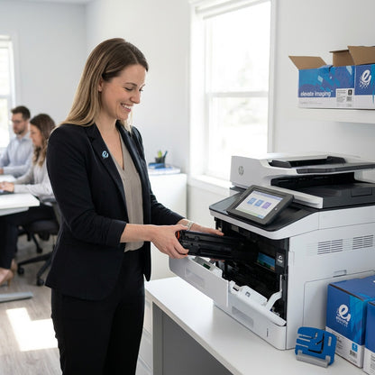 Office professional installs an Elevate Imaging remanufactured HP 651A toner into a laser printer.
