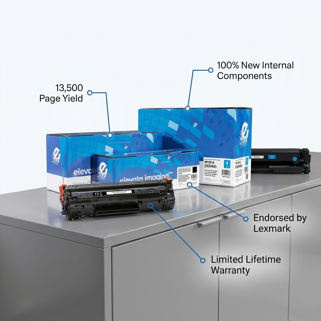 Elevate Imaging HP 651A Black Toner Cartridge with feature callouts for 13,500 page yield and warranty.