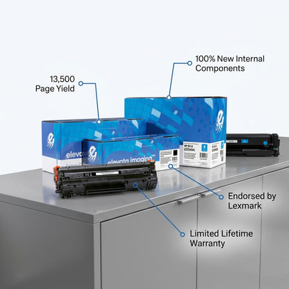 Elevate Imaging HP 651A Black Toner Cartridge with feature callouts for 13,500 page yield and warranty.