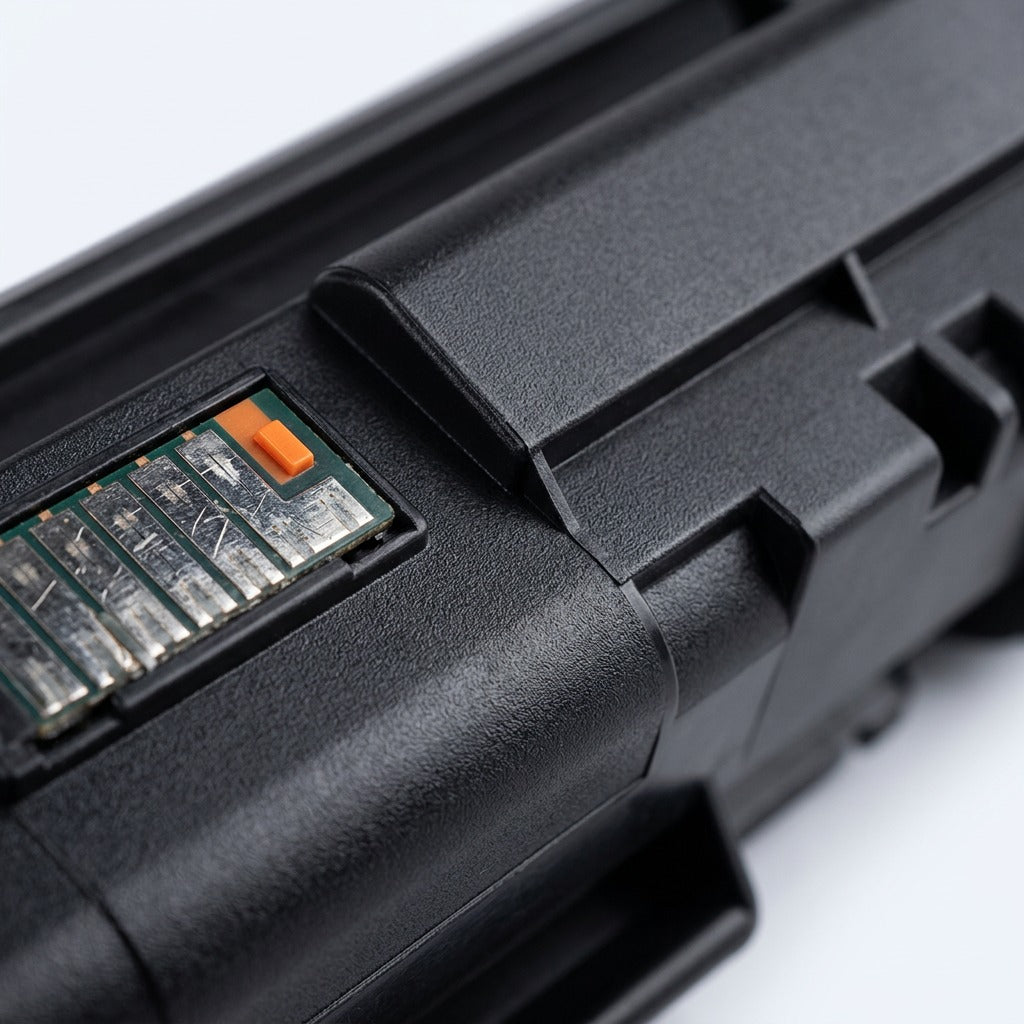 Macro detail of a remanufactured HP 651A black toner cartridge showing the smart chip and casing.