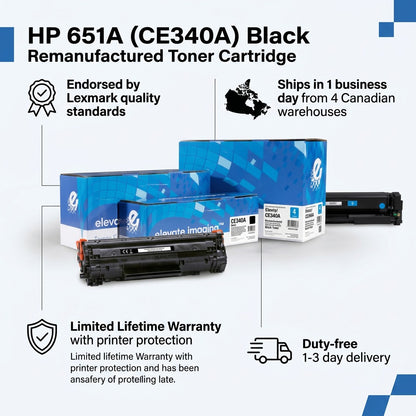Trust infographic for Elevate HP 651A CE340A toner cartridge highlighting 1-3 day Canadian shipping.