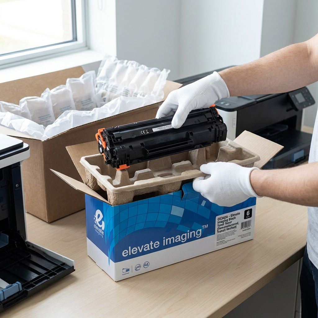 A person unboxing an Elevate Imaging HP 651A black toner cartridge from protective packaging.