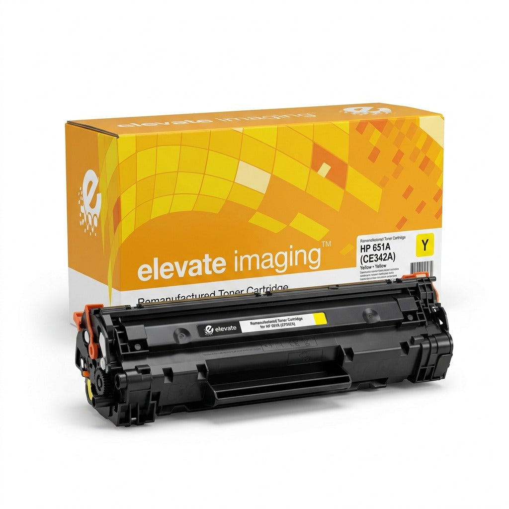 Elevate Imaging remanufactured HP 651A (CE342A) yellow toner cartridge with retail box.