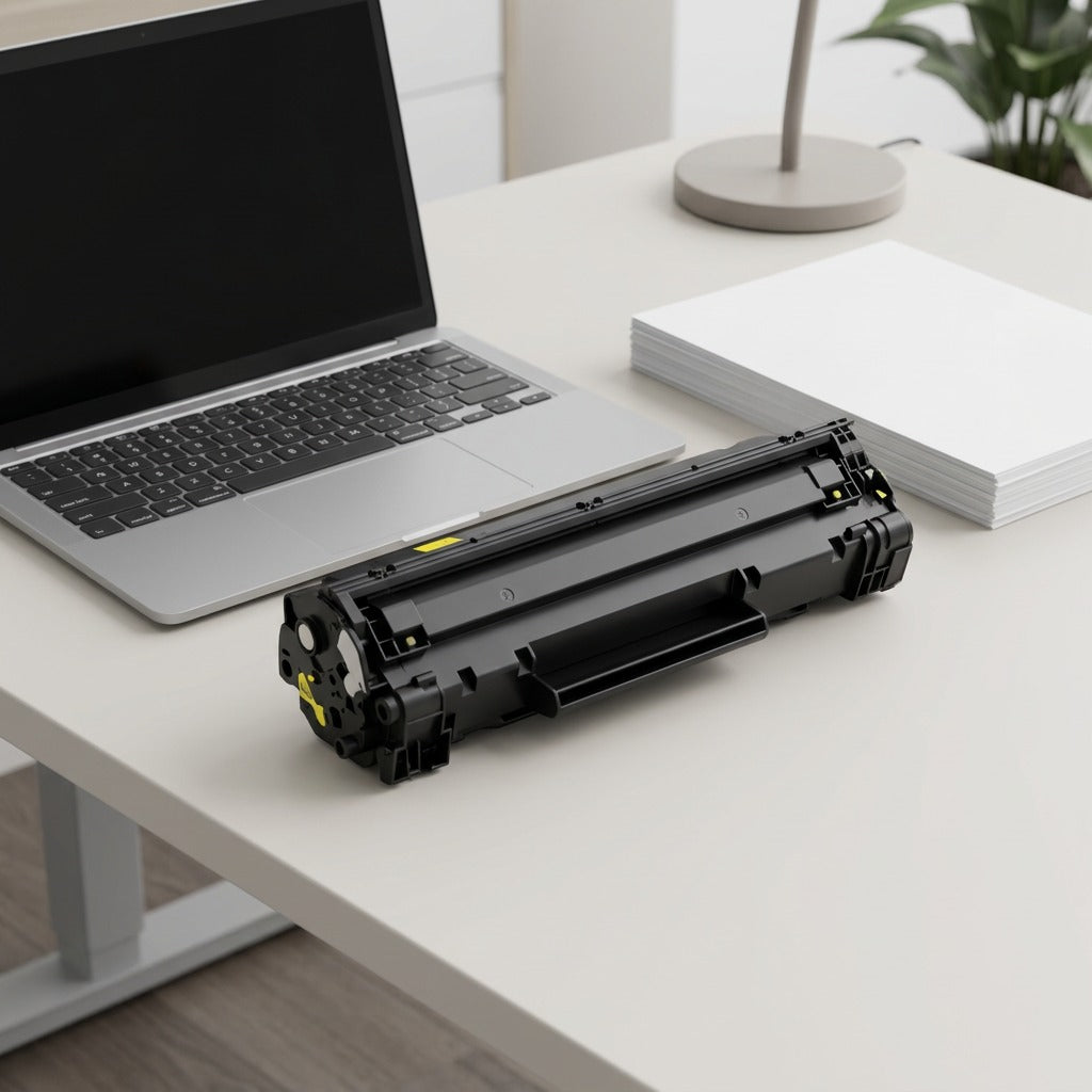 HP 651A Yellow Toner Cartridge on a desk beside a 13-inch laptop and paper stack for scale.