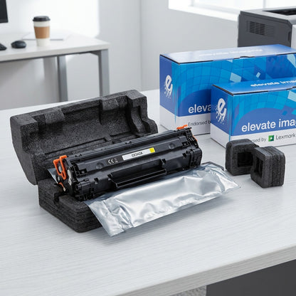 Unboxed Elevate Imaging HP 651A Yellow Toner Cartridge with protective foam inserts and blue box.