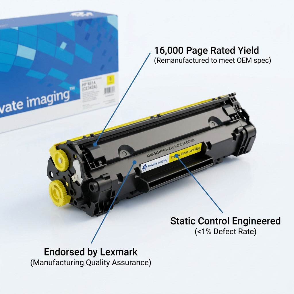 Elevate Imaging remanufactured HP 651A yellow toner featuring a 16,000 page yield and Lexmark endorsement.