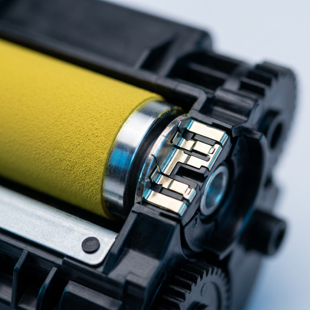 Macro detail of yellow developer roller and metallic contacts on HP 651A remanufactured toner.
