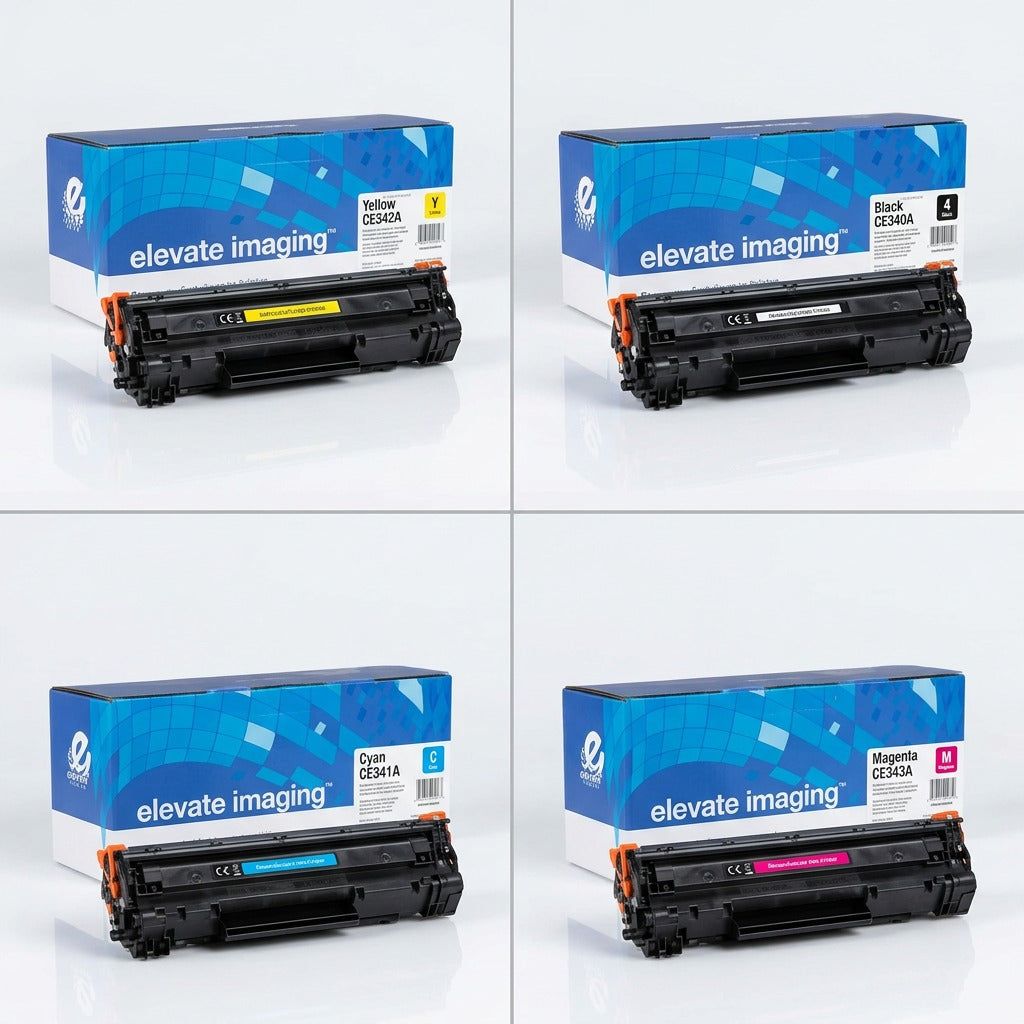 A 2x2 grid showing Elevate Imaging remanufactured toner cartridges in yellow, black, cyan, and magenta variants.
