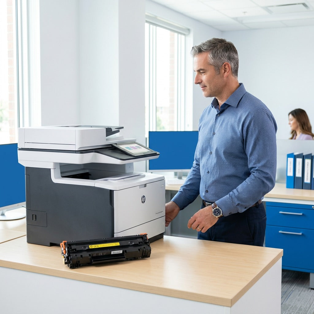 Office manager next to an HP LaserJet printer with a yellow remanufactured CE342A toner cartridge.