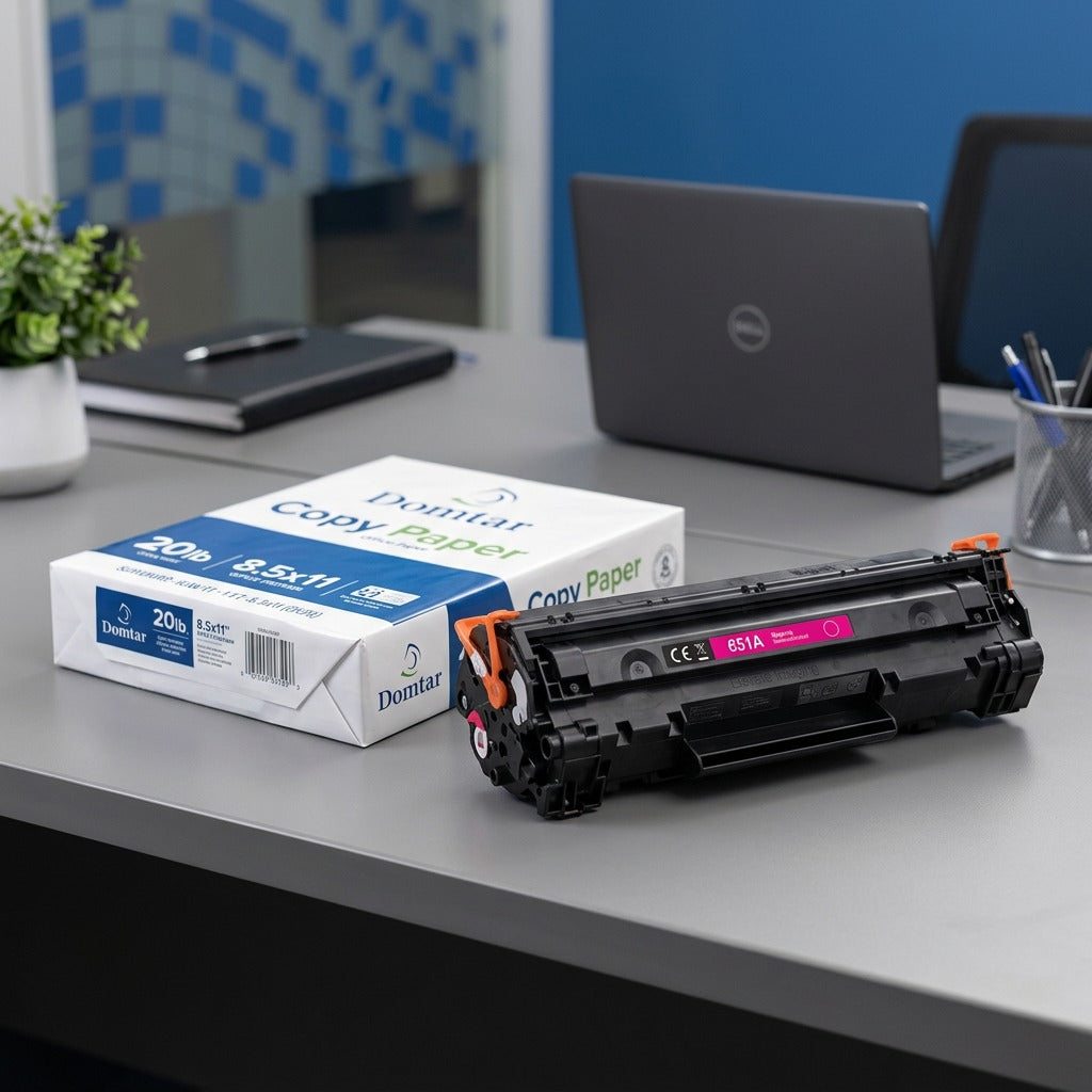 HP 651A magenta remanufactured toner cartridge on a desk next to a ream of 8.5x11 paper for scale.