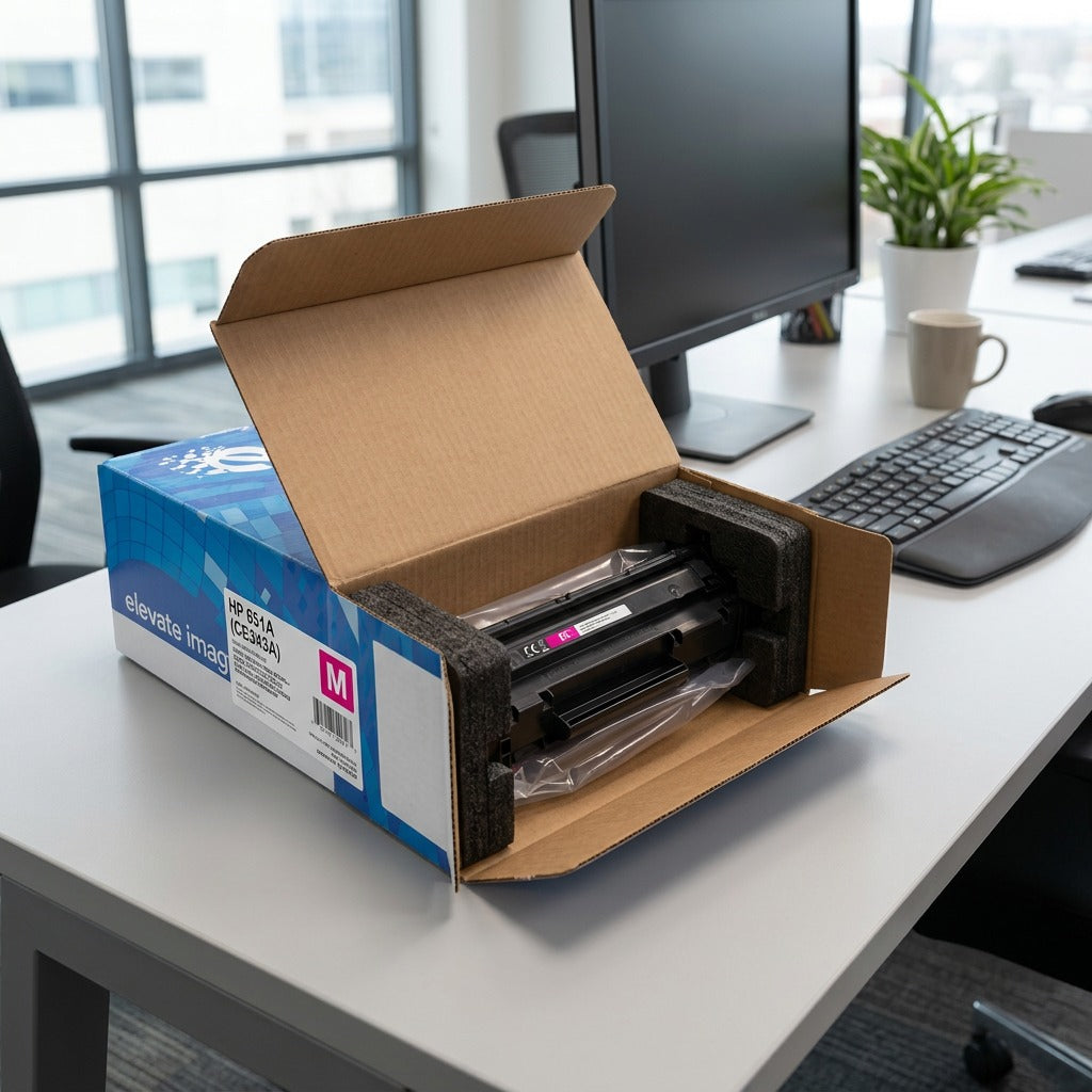 Elevate Imaging HP 651A magenta toner cartridge unboxed on a desk with secure foam packaging.