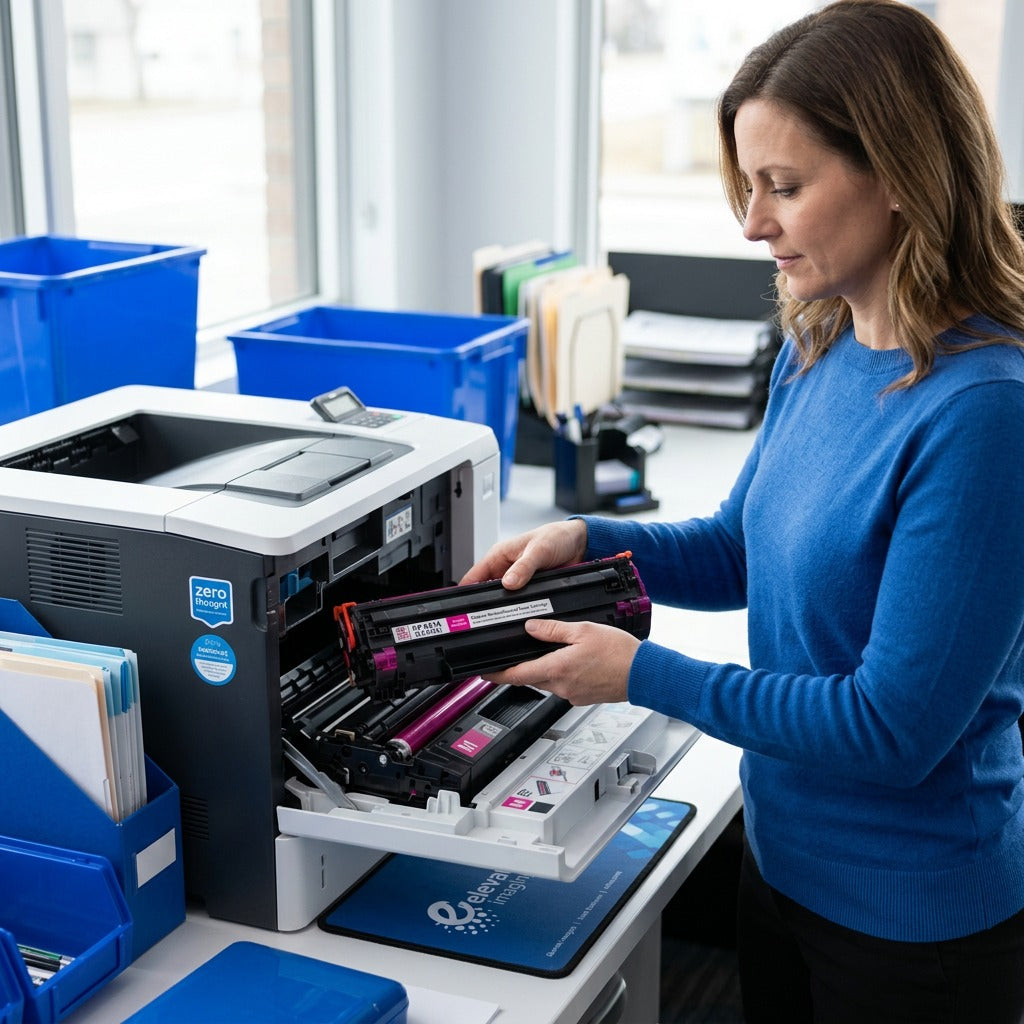 A professional installs an HP 651A Magenta Remanufactured Toner Cartridge into an office printer.