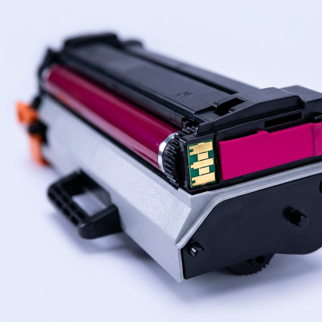 Macro detail of the magenta developer roller and gold contact chip on a remanufactured HP 651A toner.
