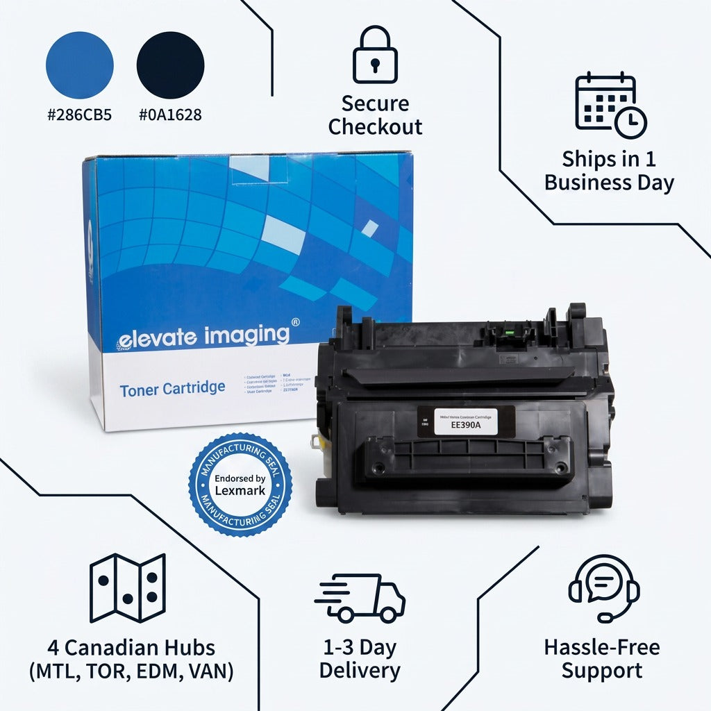 Elevate Imaging HP 90A (CE390A) black toner infographic with Canadian shipping and support icons.