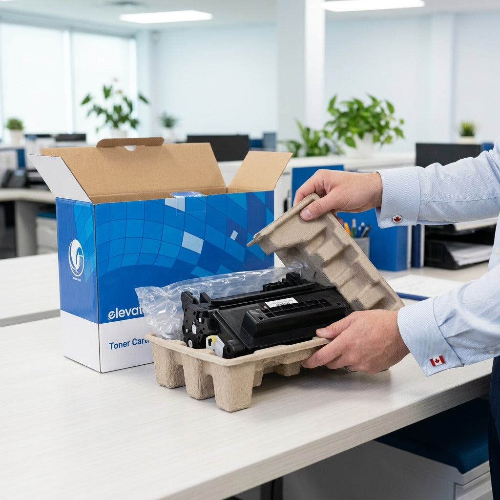 Unboxing an Elevate Imaging HP 90A (CE390A) black toner cartridge from protective office packaging.