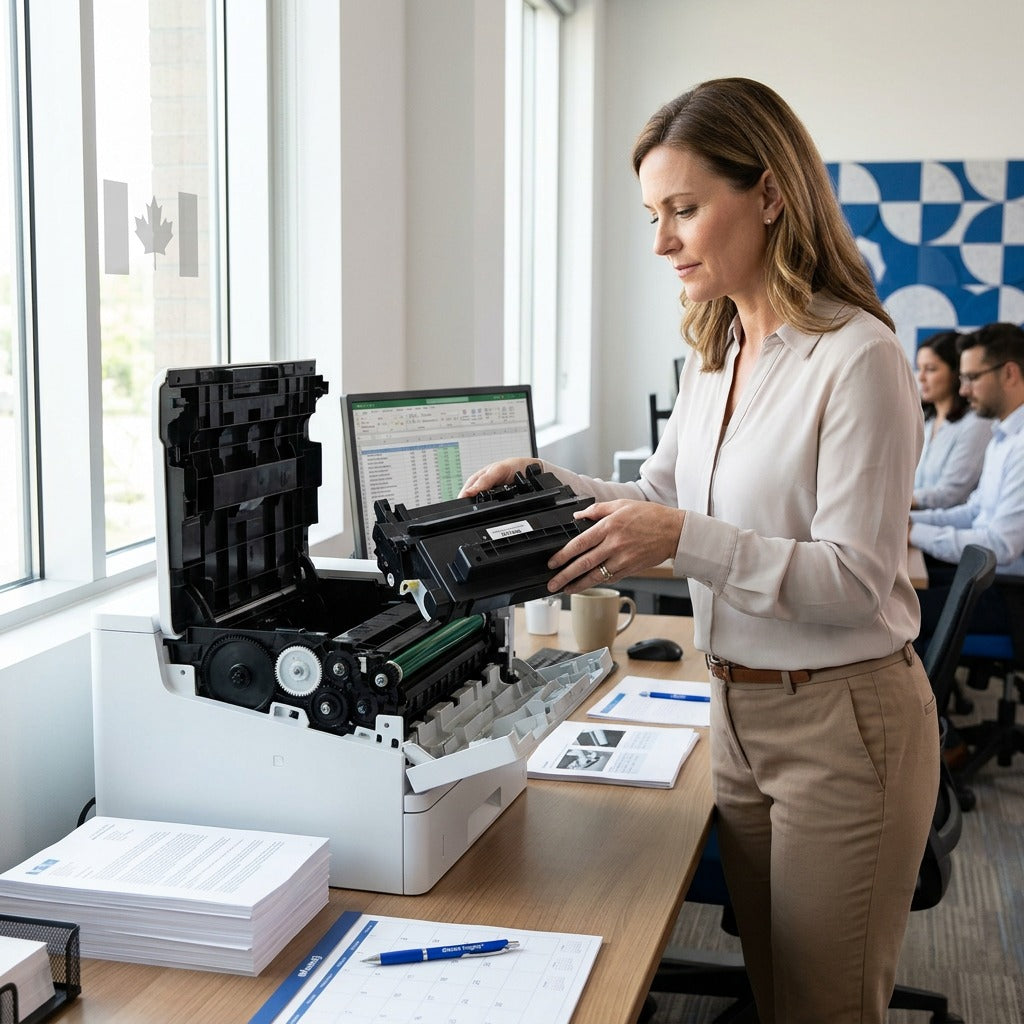 Office manager installing an Elevate Imaging HP 90A CE390A compatible toner in a laser printer.
