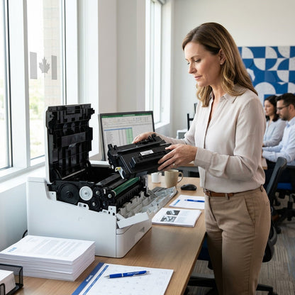 Office manager installing an Elevate Imaging HP 90A CE390A compatible toner in a laser printer.