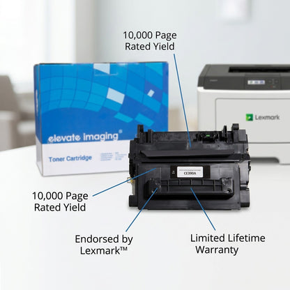 Elevate Imaging CE390A black toner cartridge with 10,000 page yield, Lexmark endorsement, and warranty.