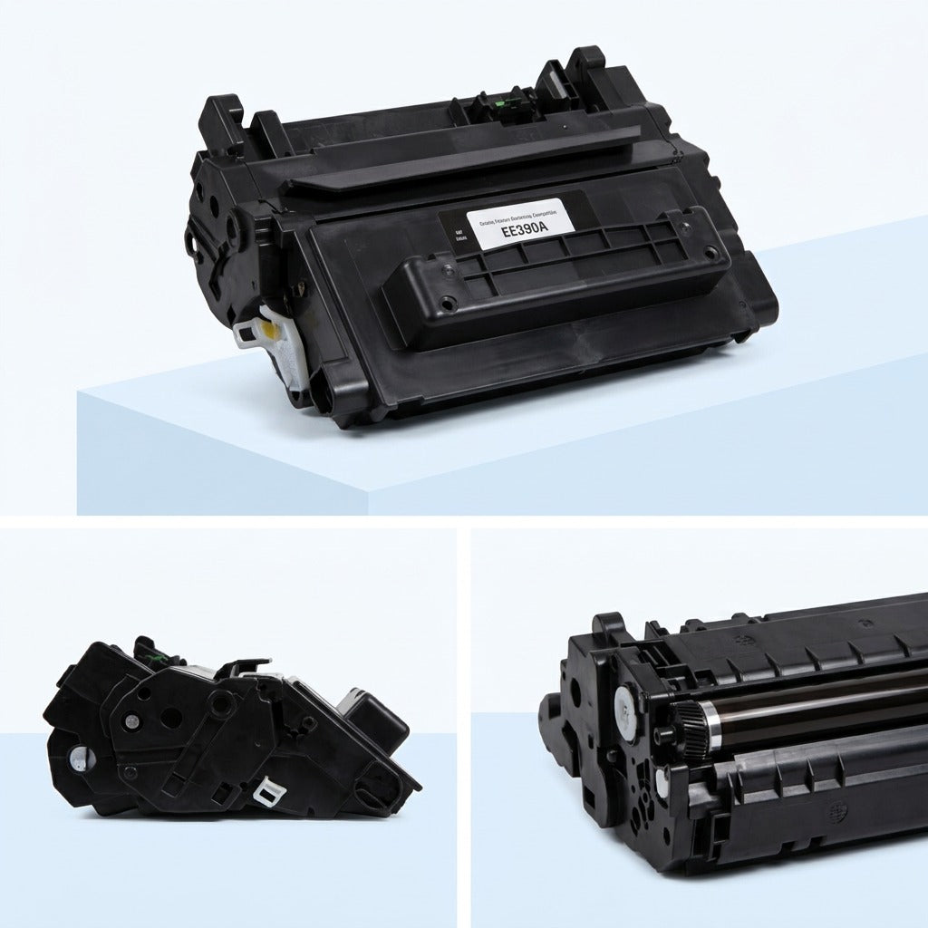Multiple views of an Elevate Imaging HP 90A CE390A black toner cartridge showing mechanical detail.