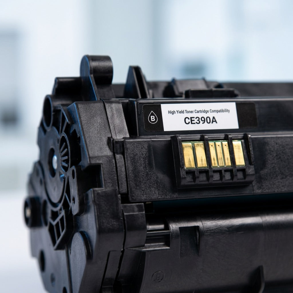 Macro detail of high yield HP CE390A compatible black toner cartridge with gold contact points.