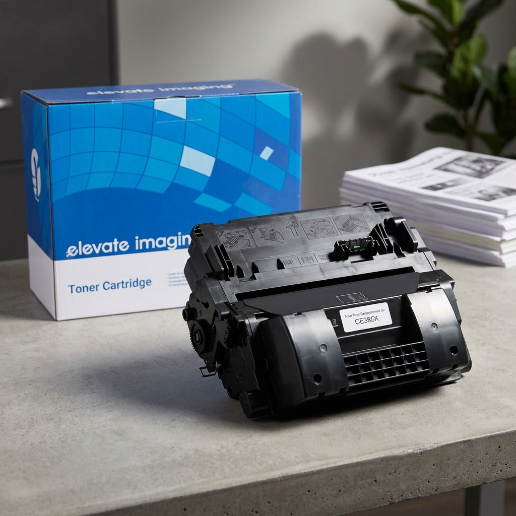 Elevate Imaging compatible HP 90X (CE390X) black toner cartridge on a desk with its blue box.