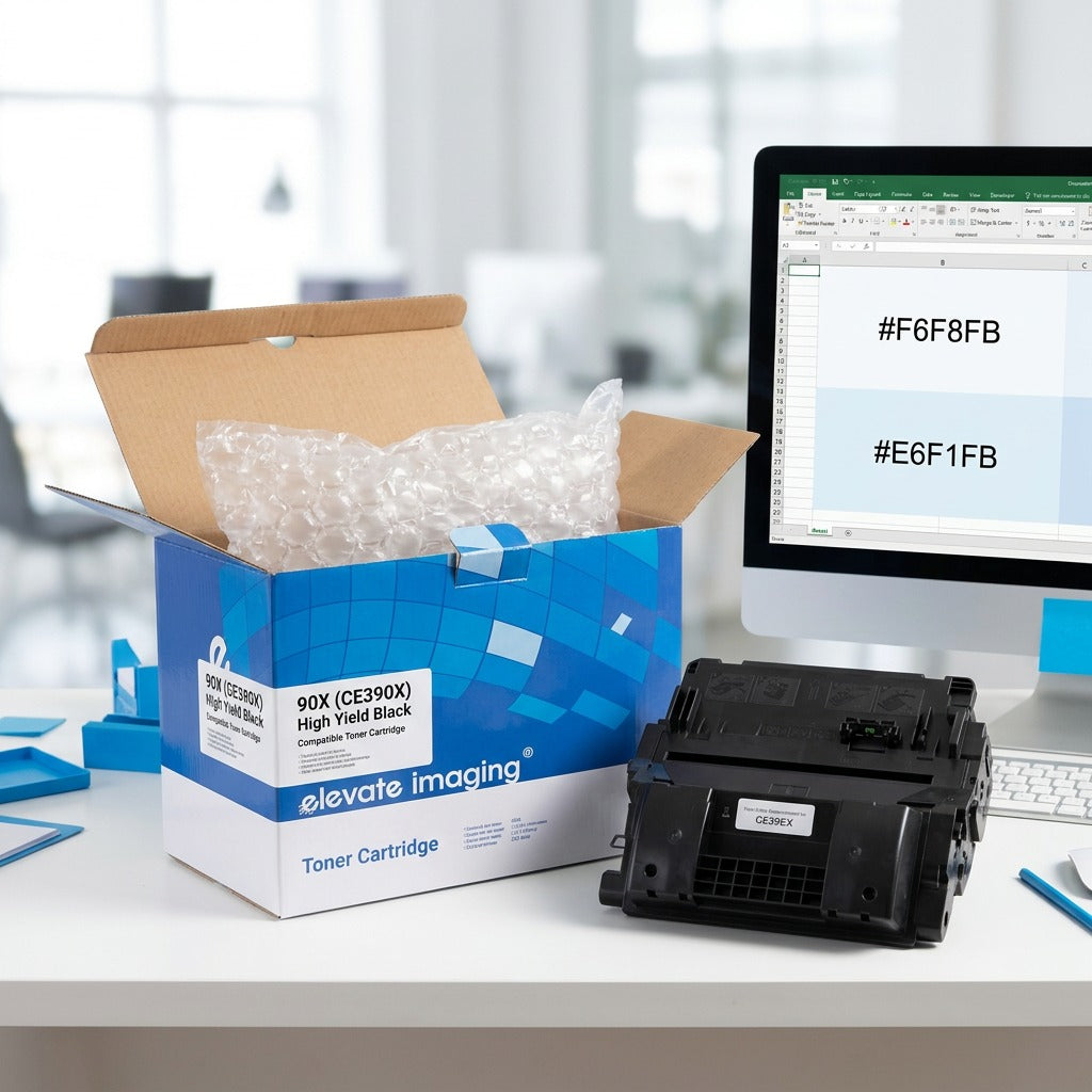 Open Elevate Imaging retail box showing protective packaging next to a black CE390X toner cartridge.