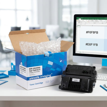 Open Elevate Imaging retail box showing protective packaging next to a black CE390X toner cartridge.