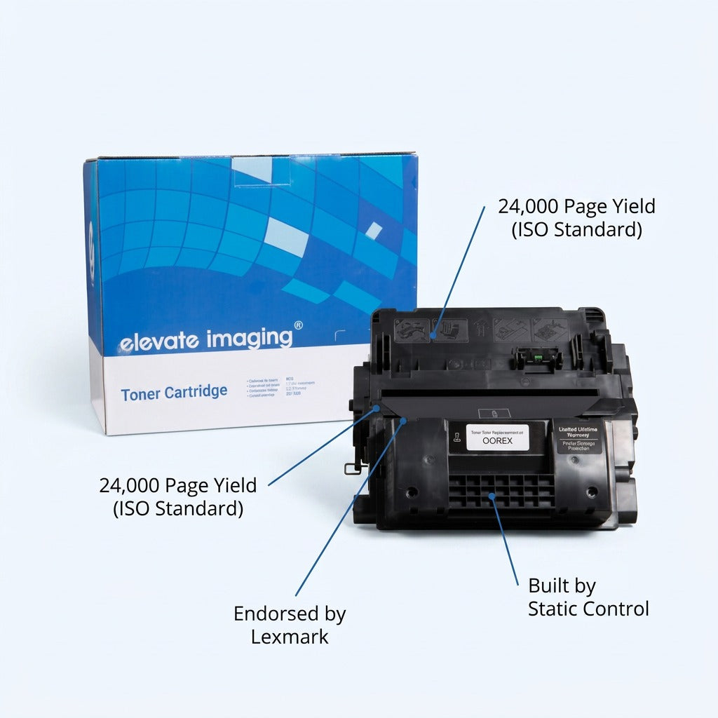 Elevate Imaging HP 90X compatible cartridge with 24,000 page yield and Lexmark endorsement.