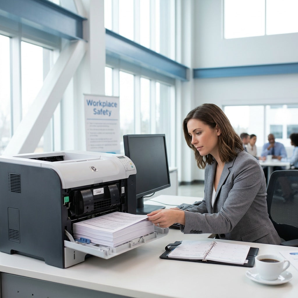 A professional desk with an HP LaserJet printer using a 90X CE390X high yield toner cartridge.