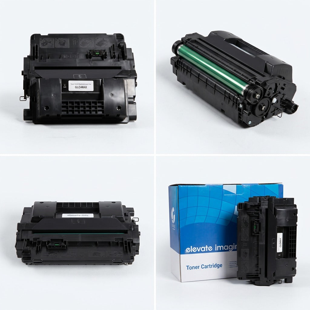 Four-view matrix of the Elevate Imaging HP 90X (CE390X) compatible toner with retail packaging.