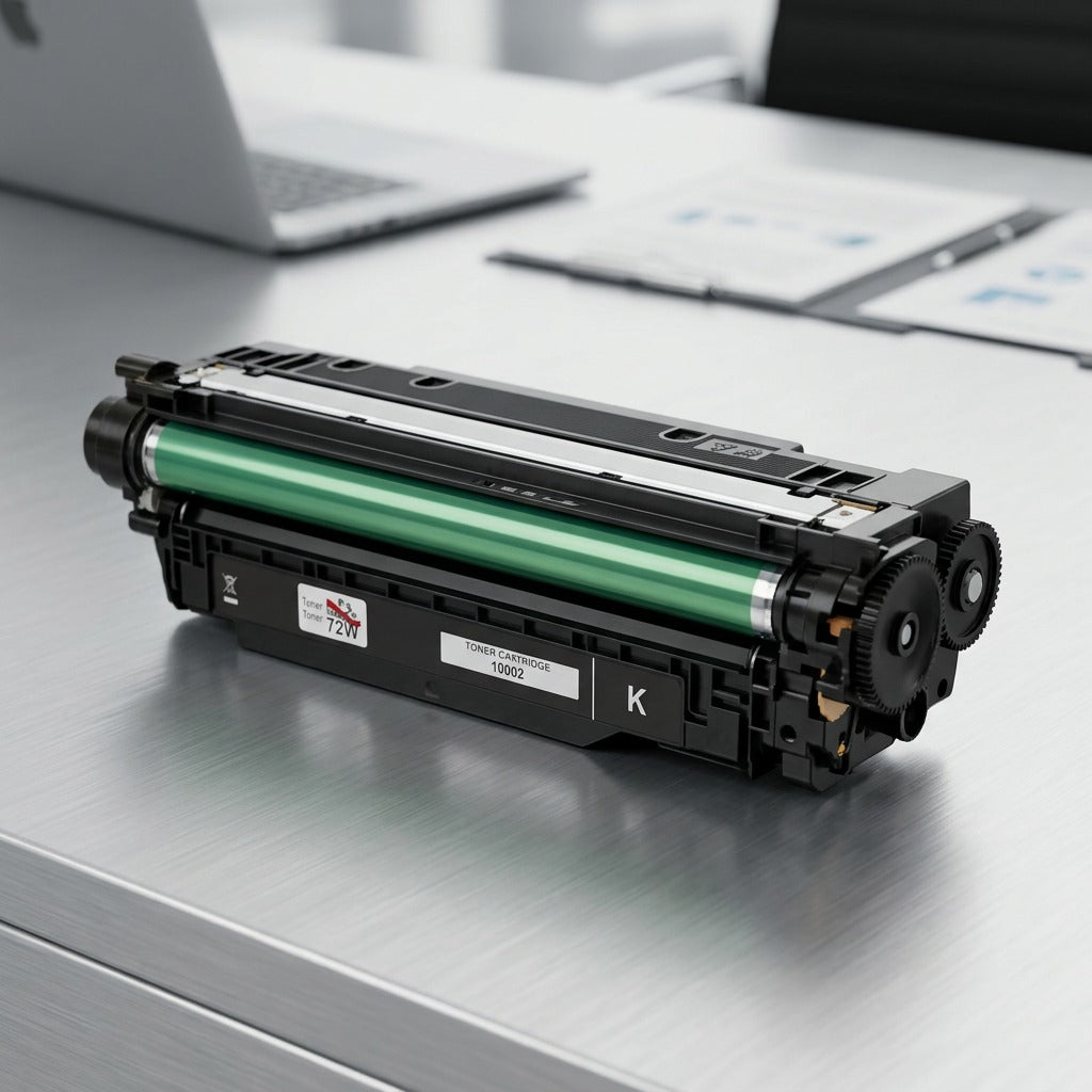 Elevate Imaging compatible HP 507A (CE400A) black toner cartridge on an office desk.