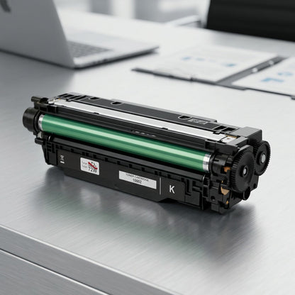 Elevate Imaging compatible HP 507A (CE400A) black toner cartridge on an office desk.