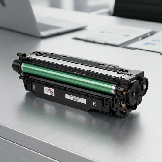 Elevate Imaging compatible HP 507A (CE400A) black toner cartridge on an office desk.