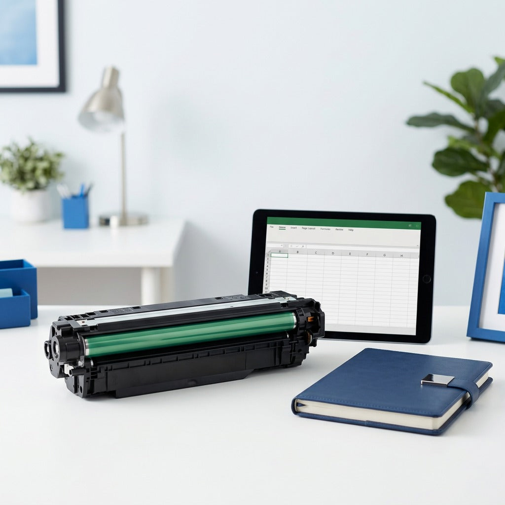 Scale reference of an HP 507A black toner cartridge on a desk next to a tablet and blue planner.