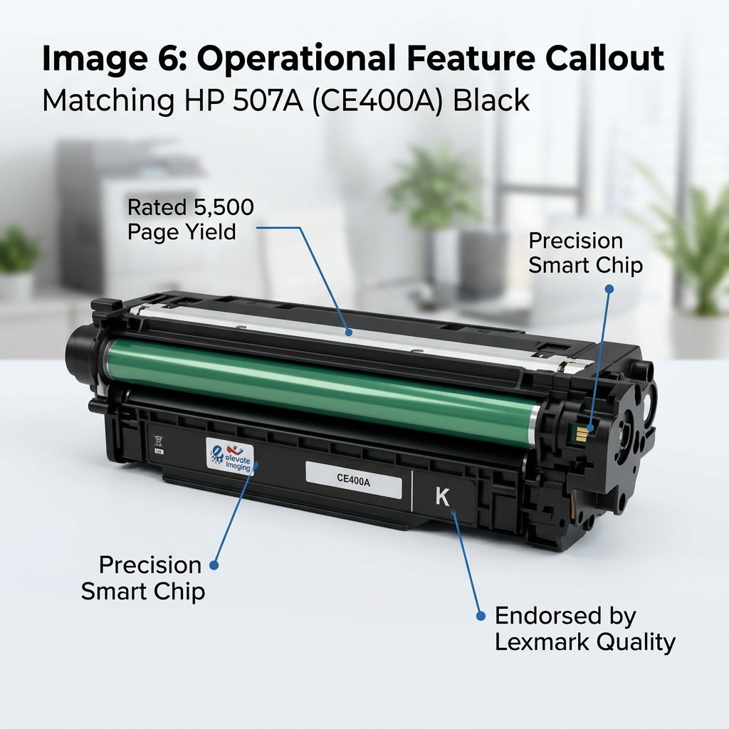 Elevate Imaging CE400A toner cartridge features: 5,500 page yield, smart chip, and Lexmark quality.