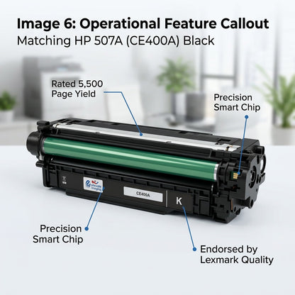 Elevate Imaging CE400A toner cartridge features: 5,500 page yield, smart chip, and Lexmark quality.