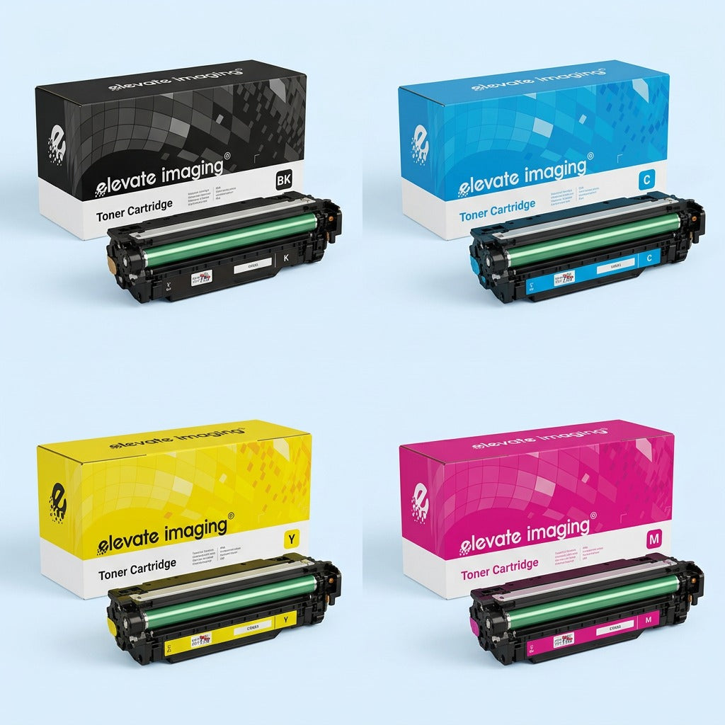 A 2x2 grid of Elevate Imaging compatible HP 507A toner cartridges in black, cyan, yellow, and magenta.