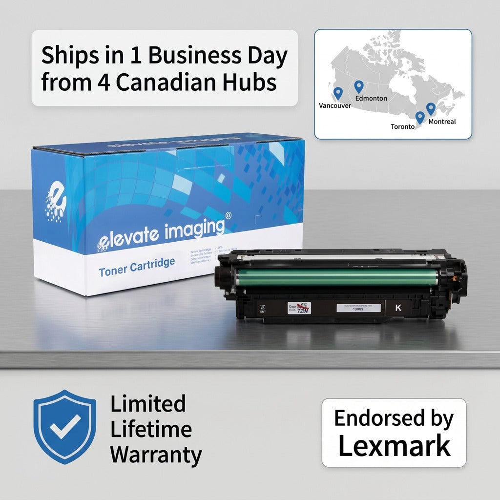 Elevate Imaging HP 507A Black Toner and box featured in a Canadian shipping & warranty infographic.
