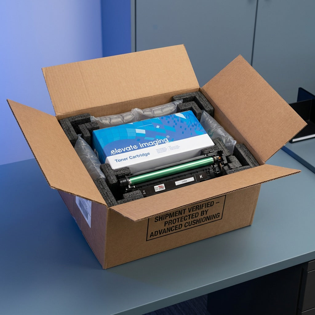Elevate Imaging HP 507A black toner cartridge unboxed with protective foam and air cushioning.