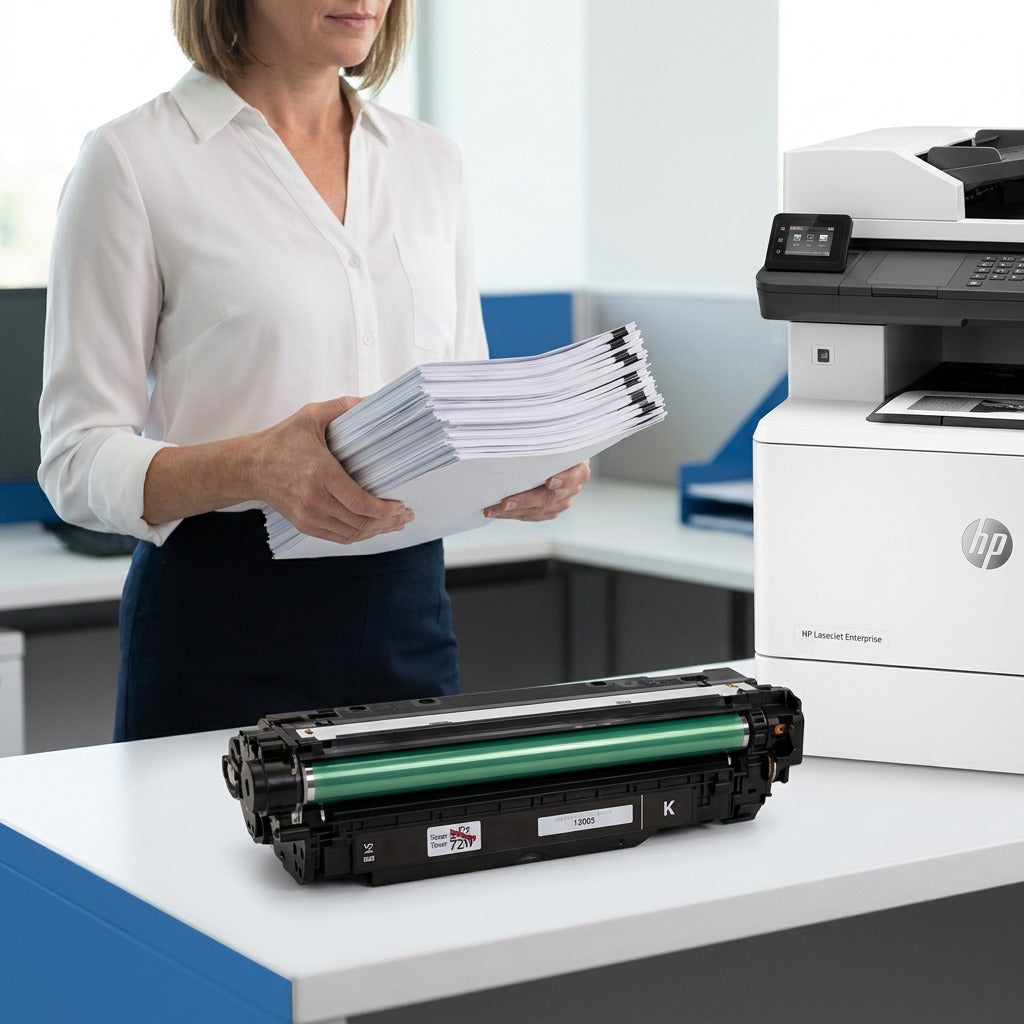 An Elevate Imaging HP CE400A toner cartridge on a desk next to an office manager holding reports.